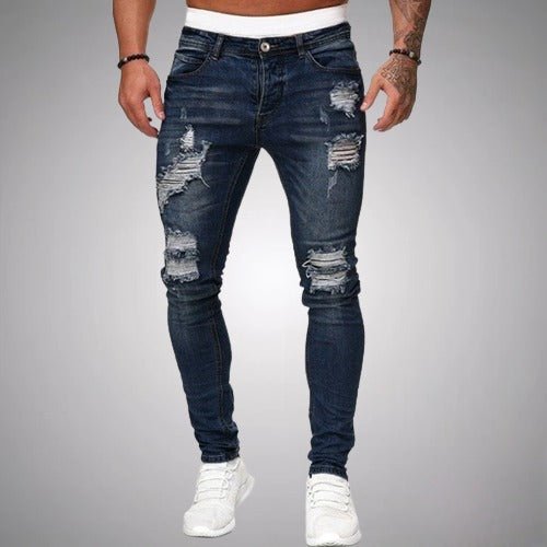 Rafał | Jeansy męskie slim fit z przetarciami - Granatowy
