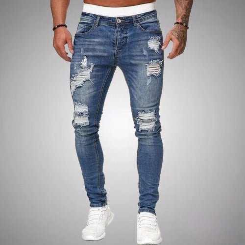 Rafał | Jeansy męskie slim fit z przetarciami - Niebieski