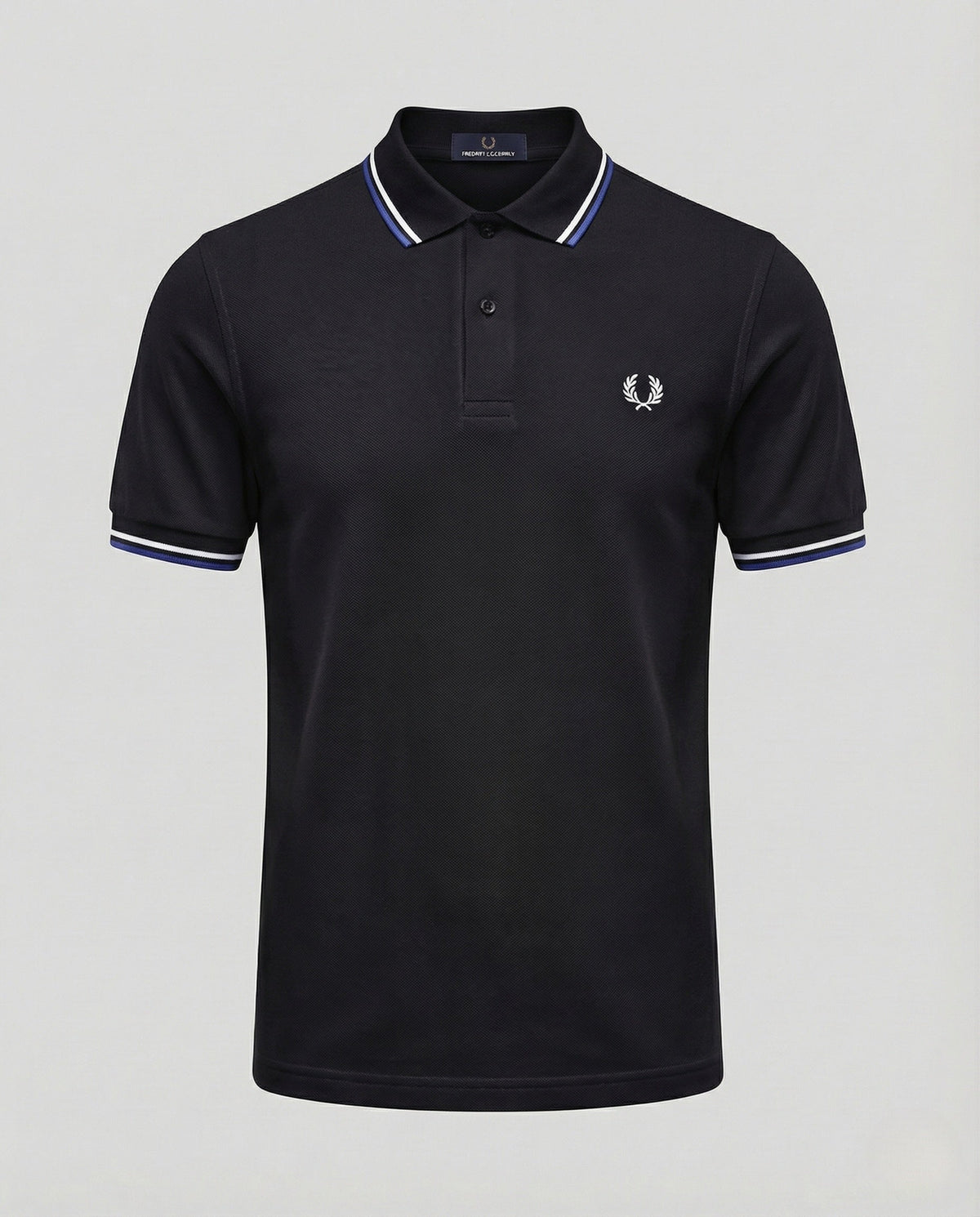 Bronisław | Koszulka polo męska piqué z krótkim rękawem - Czarny z niebiesko-białym kołnierzem