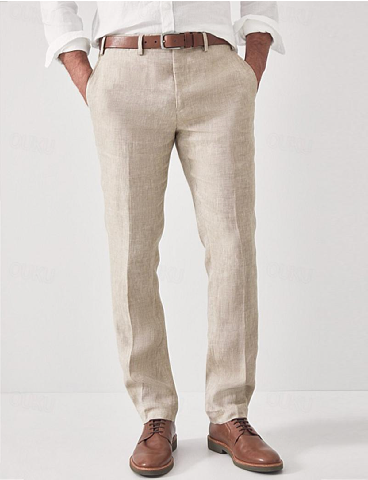 Ludwik | Spodnie lniane męskie slim fit - Beżowy