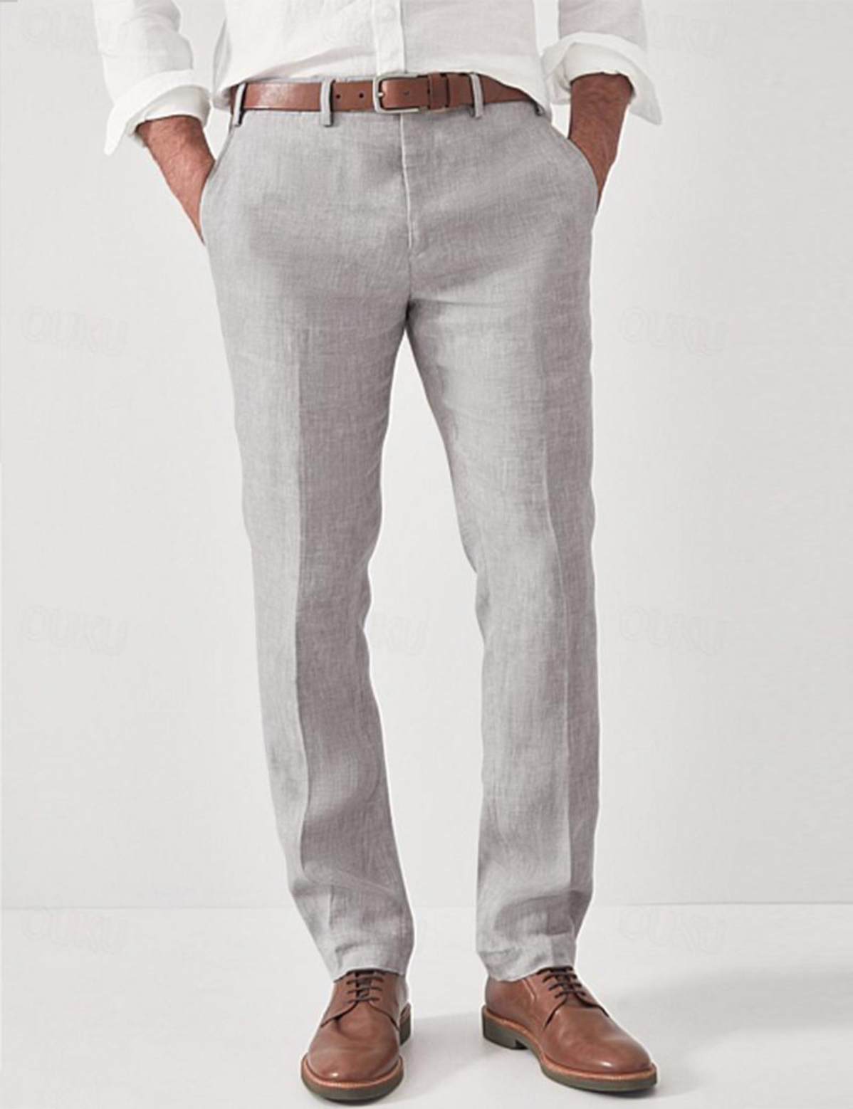 Ludwik | Spodnie lniane męskie slim fit - Jasnoszary