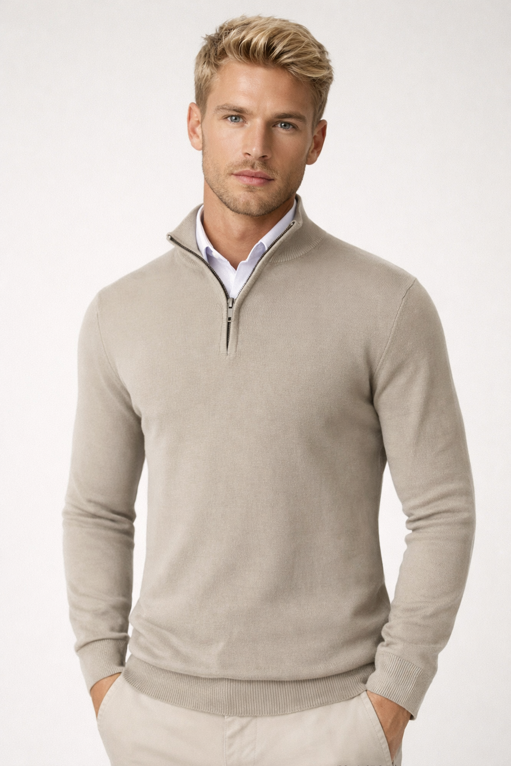 Maksymilian | Sweter męski półgolf na zamek - Beige