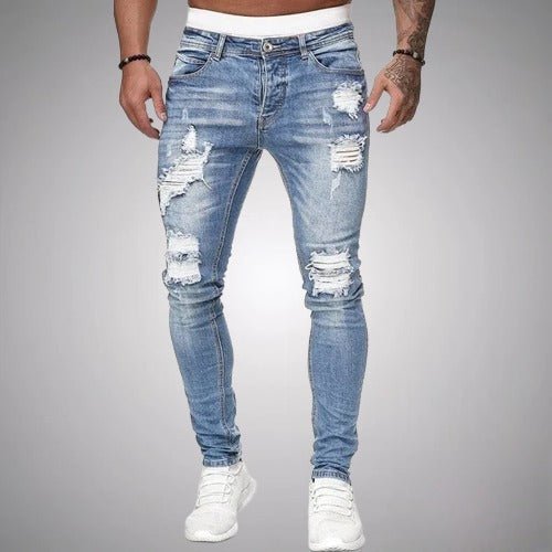 Rafał | Jeansy męskie slim fit z przetarciami - Błękitny