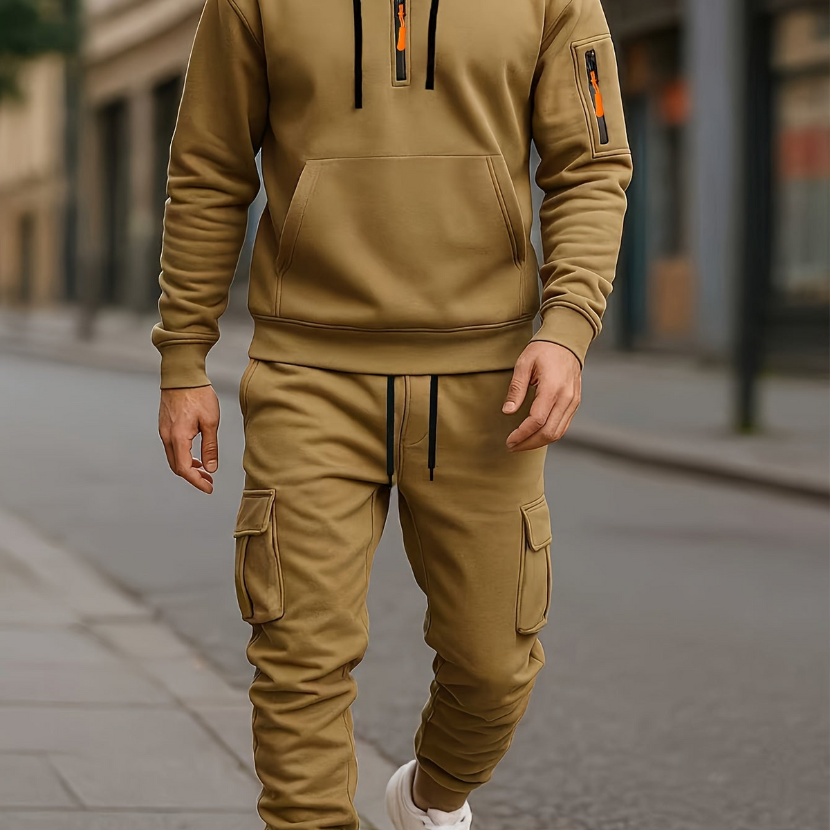 Sylwester | Komplet dresowy męski z kapturem i spodniami cargo - Khaki