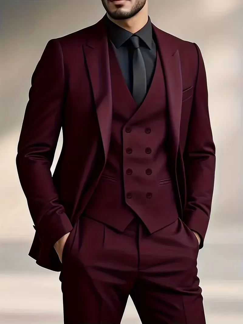 Ziemowit | Garnitur męski trzyczęściowy slim fit - Bordowy
